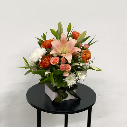 Fresh modern flowers arranged in a box. Same day Delivery in New Plymouth 